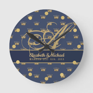Relógio Redondo Marinho azul Dourado Rei Rainha NeWLYWEDS