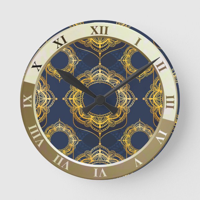 Relógio Redondo Marinho Azul e/ou Violeta com Mandalas Douradas (Frente)