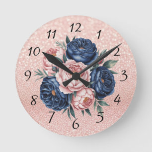 Relógio Redondo Marinho azul e Rosa Dourado Floral