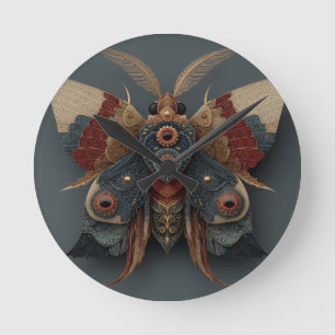Relógio Redondo Mariposa 3D Simétrica Ornamentada com Acentos Dour