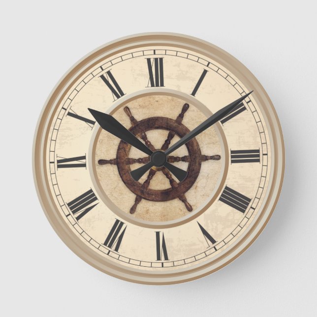 Relógio Redondo Marítimo Vintage Wood Helm (Frente)