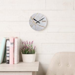 Relógio Redondo Mármore Branco & Ouro Moderno Luxo Minimalista
