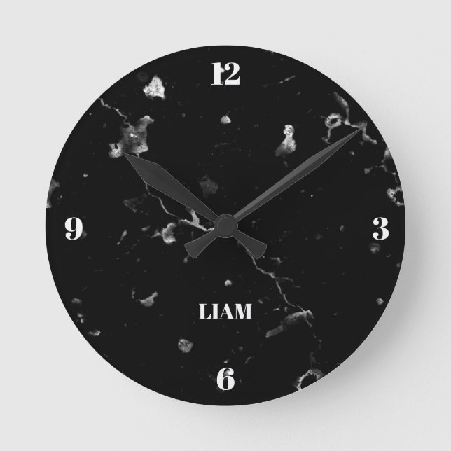 Relógio Redondo Mármore Preto com Grato Branco (Frente)