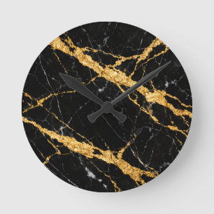 Relógio Redondo Mármore Preto Dourado Luxe