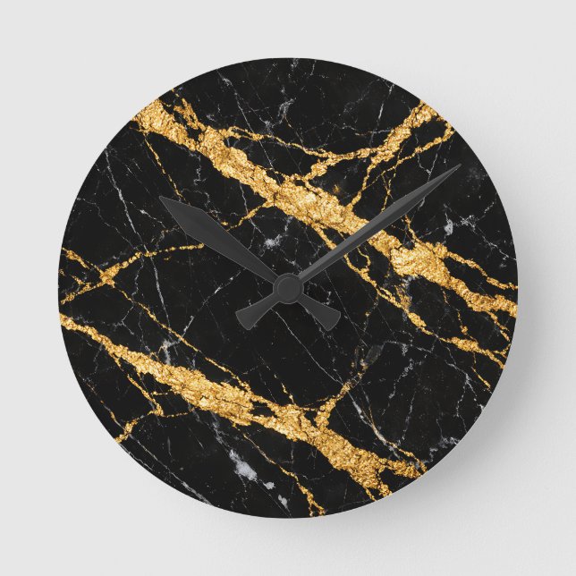 Relógio Redondo Mármore Preto Dourado Luxe (Frente)