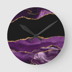 Relógio Redondo Mármore Preto Violeta Ágata Glam Glitter Dourado