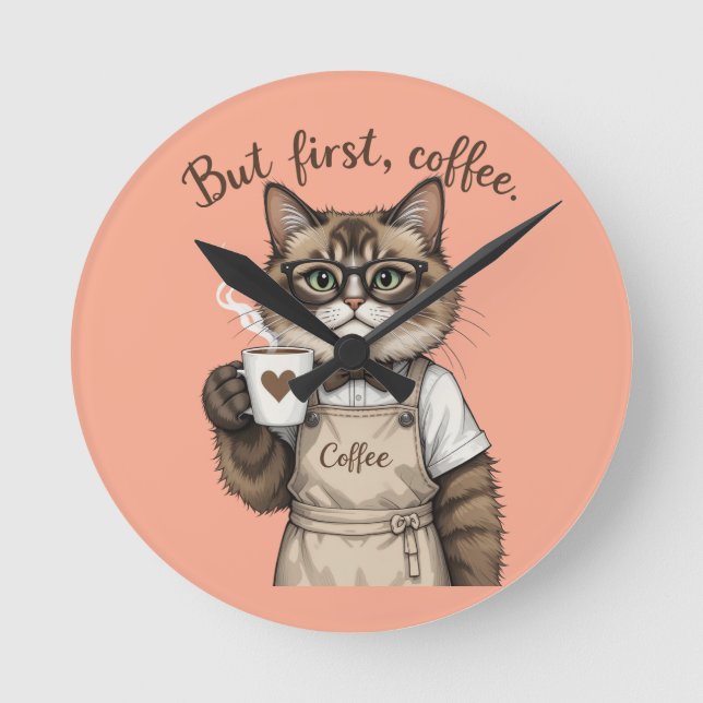 Relógio Redondo Mas Primeiro, Gato Café (Frente)