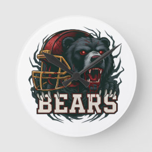 Relógio Redondo Mascote de Urso de Futebol Bravo Capacete Vermelho