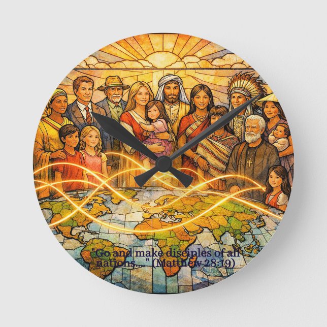 Relógio Redondo Matthew 28:19 Stained‑Glass Discipleship Clock (Frente)
