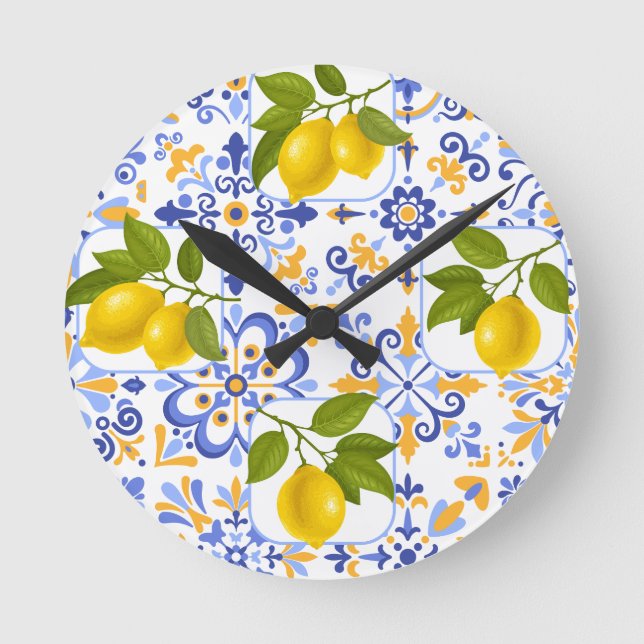 Relógio Redondo Mediterrenean Citrus Lemon pattern (Frente)