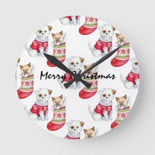 Relógio Redondo Meias de Cachorro e Gato de Natal