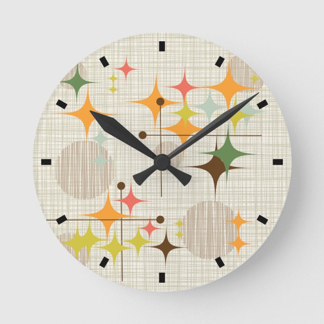 Relógio Redondo Meio século Moderno de Starbursts e Globos (Frente)