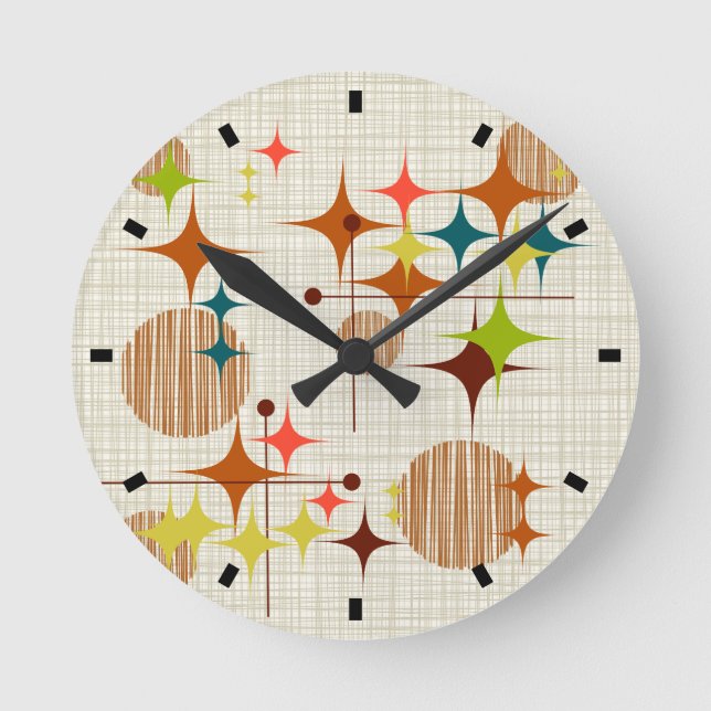 Relógio Redondo Meio século Moderno de Starbursts e Globos (Frente)
