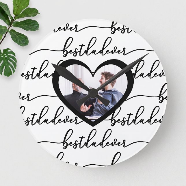 Relógio Redondo Melhor Pai de Todos os Tempos Script Foto Preto Br (Best Dad Ever Script Black White Photo Round Clock)