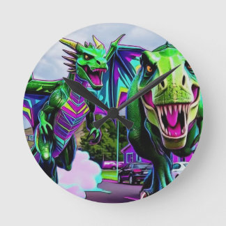 Relógio Redondo Melhores Amigos - Dragão e Dinossauro Caminhando