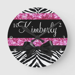 Relógio Redondo Menina feminino da zebra da faísca do rosa quente