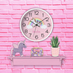 Relógio Redondo Meninas Cute Pink Unicorn Rainbow Kids Personaliza