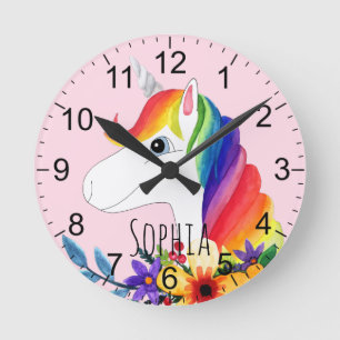 Relógio Redondo Meninas Cute Pink Watercolor Flower Unicors