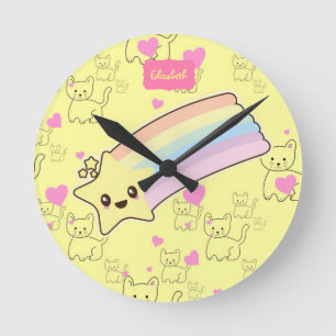 Relógio Redondo Meninas Kawaii Bonito no Orçamento Nome Amarelo