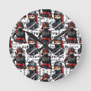 Relógio Redondo Meninas Ninja Anime com Design de Padrão de Texto