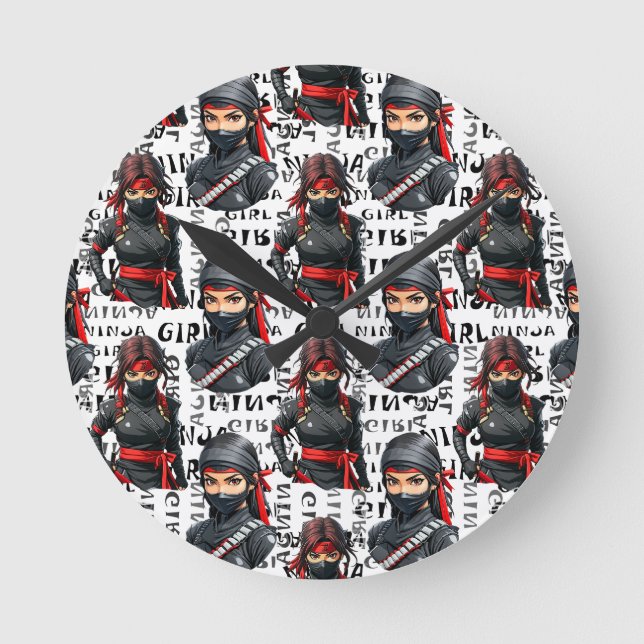 Relógio Redondo Meninas Ninja Anime com Design de Padrão de Texto (Frente)