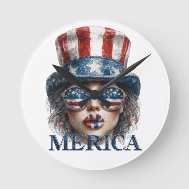 Relógio Redondo Merica Girl, 4 de julho Gelam Girl com estrelas (Frente)