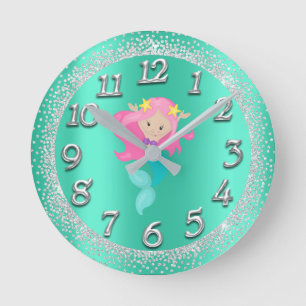 Relógio Redondo Mermaid Silver Aqua Crystals Confetti Glitter Pink
