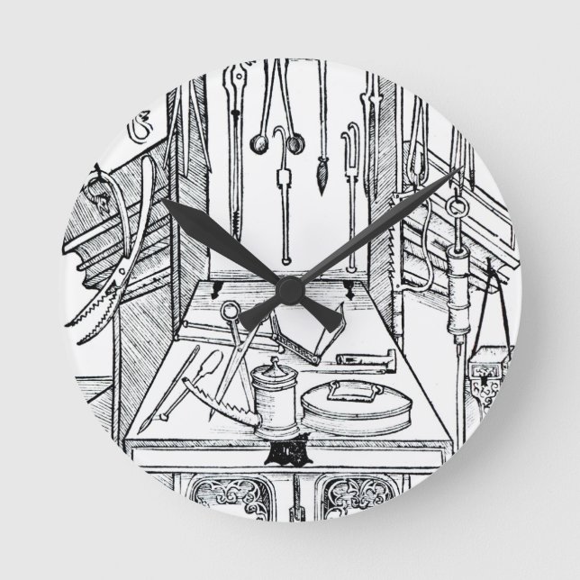 Relógio Redondo Mesa de funcionamento e instrumentos cirúrgicos, (Frente)