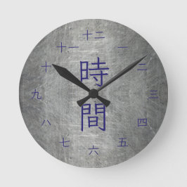 Relógio Redondo Metal Cinza Falso com Kanji Japonês Azul Escuro