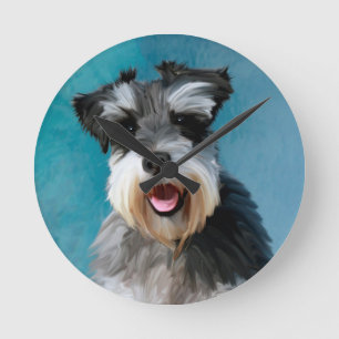 Relógio Redondo Miniatura Schnauzer — Pintura De Cor De Água