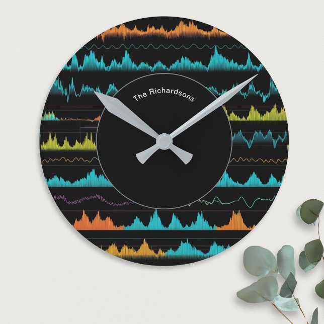 Relógio Redondo Modern Abstract Sound Wave Pattern Personalized (A stylish personalized wall clock, with a pattern like sound waves in blue, green and orange)