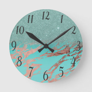 Relógio Redondo Modern Rose Gold Teal Marble Glitter Gradient