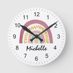 Relógio Redondo Modern Watercolor Boho Rainbow Custom Girls Cute