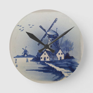 Relógio Redondo Moinho de Vento Azul Branco Vintage Delft