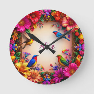 Relógio Redondo Moldura Floral Brilhante com Pássaros Coloridos na