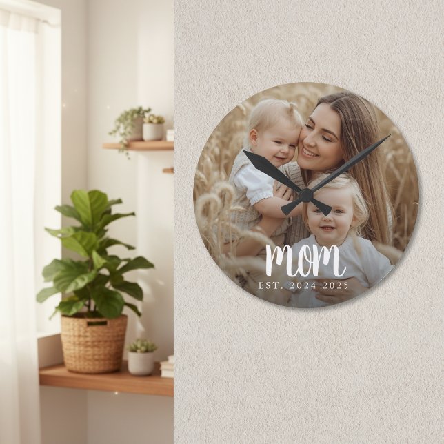 Relógio Redondo Mom Established Modern Minimal Script Photo (modern minimal white script mom established dates with custom photo wall clock for mother's day gift)
