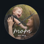 Relógio Redondo Mom Established Modern White Script Photo<br><div class="desc">White Mom Established Modern Script Photo Design. Replace the photo with your own of your kids and change the years to the years you became a mom.</div>