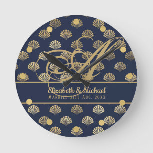 Relógio Redondo Monograma ART Deco Marinho Azul Conchas Douradas R