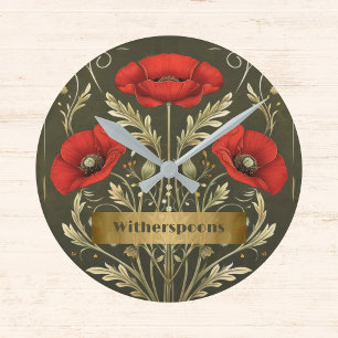 Relógio Redondo Monograma Art Nouveau Dourado Vermelho Papoulas An