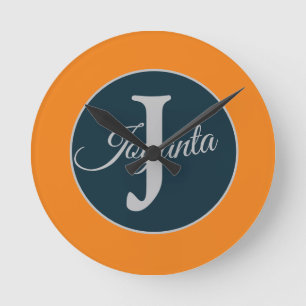 Relógio Redondo Monograma azul laranja cinza personalizado Elegant