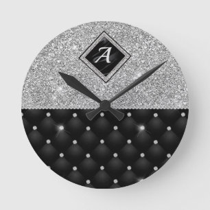 Relógio Redondo Monograma de diamante preto Crystal Silver na moda