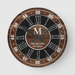 Relógio Redondo Monograma de madeira rústico do numeral romano da