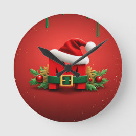 Relógio Redondo Monograma de Natal Personalizado M com Chapéu de P