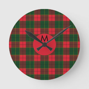Relógio Redondo Monograma do padrão Tartan de Natal de Inverno esc