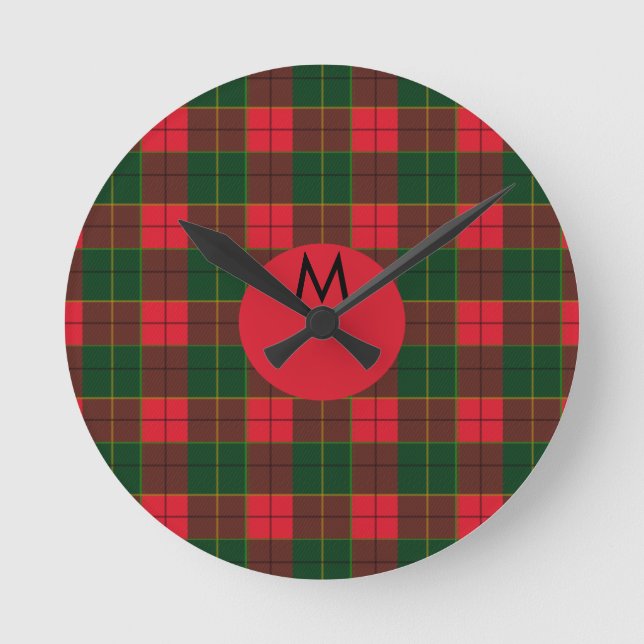 Relógio Redondo Monograma do padrão Tartan de Natal de Inverno esc (Frente)
