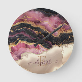 Relógio Redondo Monograma Dourado brilhante preto da Borgonha Eleg