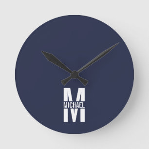 Relógio Redondo Monograma e Nome Personalizados Azul-marinho