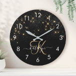 Relógio Redondo Monograma Elegante Glitter Diamond Glitter Dourado<br><div class="desc">Crie seu próprio relógio de brilho personalizado de diamante preto e ouro com seu monograma e nome personalizados.</div>