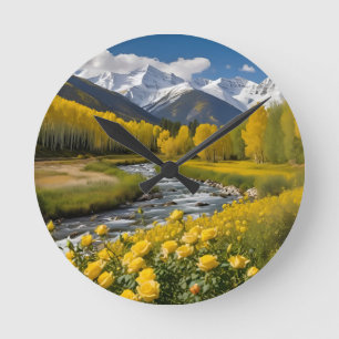 Relógio Redondo Montanhas de Aspen Rio Amarelo de Outono Nevado
