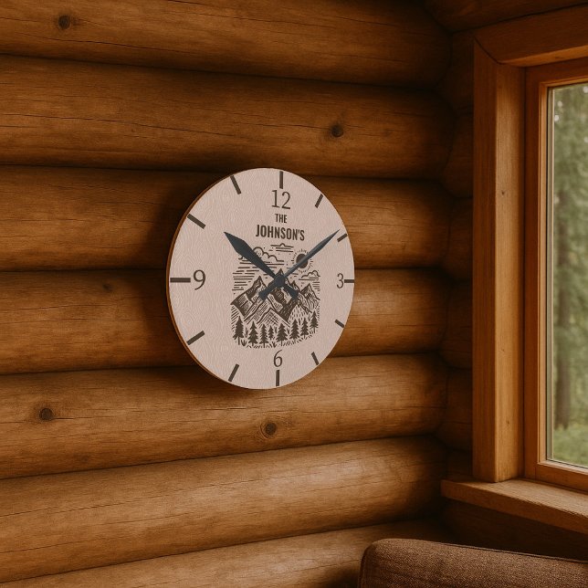 Relógio Redondo Montanhas Rustic Modernas Personalizadas (Rustic Modern Mountain Round Clock Great for the Cabin!)